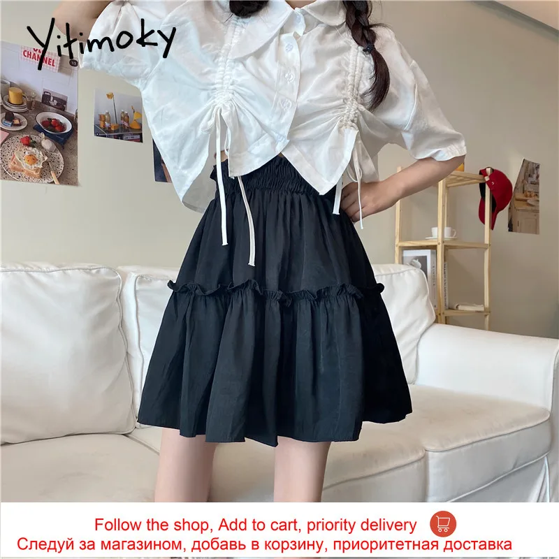 

Yitimoky Ruffles Skirts Women High Elastic Waist Mini Short Skirt 2021 Summer New Loose Korean Fashion Casual White Black Skirt