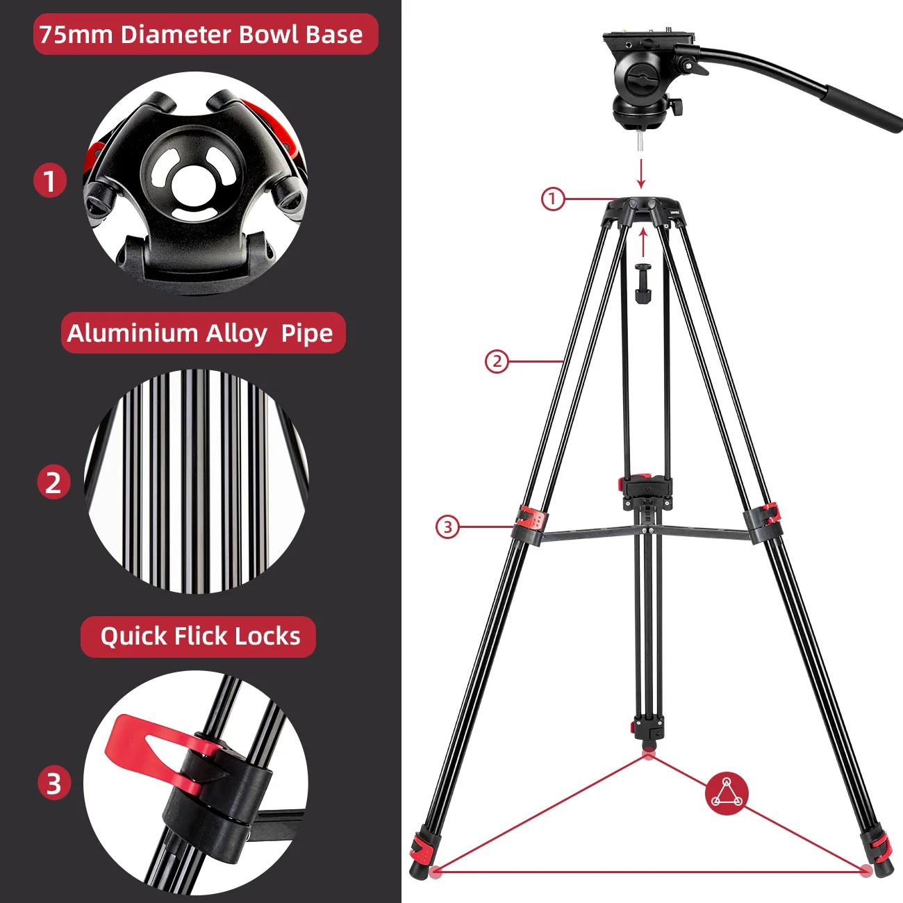 Штатив из алюминиевого сплава для видеокамеры 180 см с жидкостной головкой