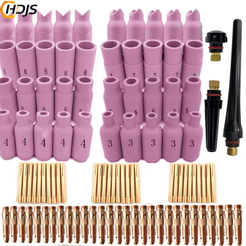 107 PCS TIG Consumables Fittings Kit Ceramic nozzle inner and outer corner copper clip nozzle guide gun tail for WP17 WP18 WP26