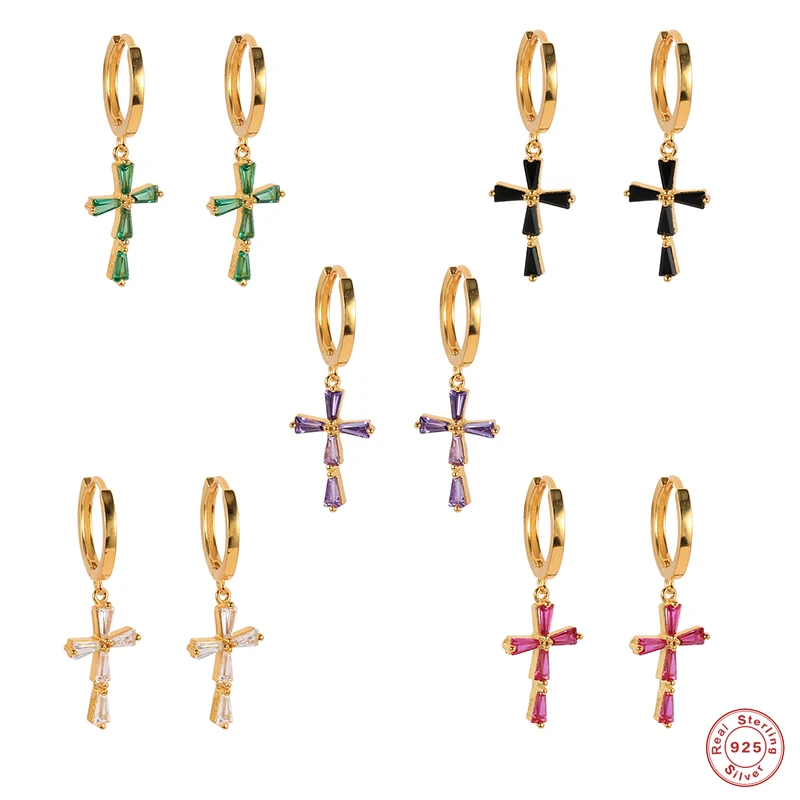 

ROMAD 925 Sterling Silver Colored Zircon Cross Pendant Dangle Earrings For Women Purple Green Crystal Cross Charm Drop Earrings