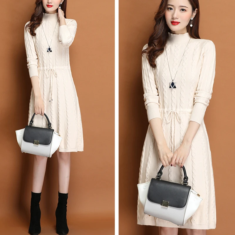 

Autumn Winter Long Sleeve Knitted Cotton Sweater Dresses New Women Fashion Turtleneck Pullover Female Midi Jumper Dress C168