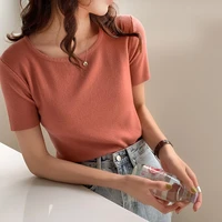 pullover knitted short sleeve knitted sweater women summer slim basic solid casual base female knitting shirts 2022 korea