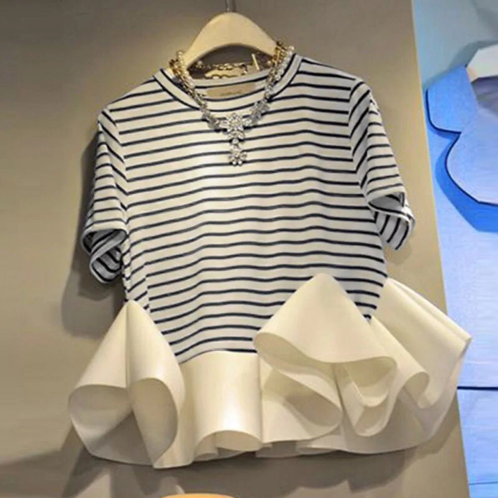 

Casual Striped Women T-shirts Fashion Tops Summer Short Sleeve 2021 Janpan Style Ruffle Tee Round Neck Female T-shirts Tee Tops