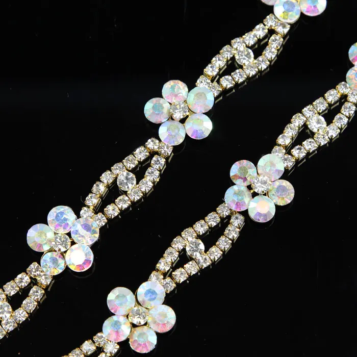 

10Yards Flower Motif Applique Crystal Rhinestone Trim For Wedding Gown Bridal Belt Sash Rhinestone Chain