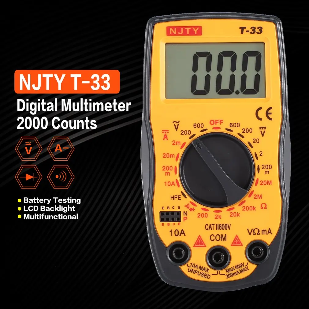 NJTY T-33 Digital Multimeter DC/AC Voltage Current Meter Mini Ammeter Ohm Diode HFE Continuity Tester 2000 Counts Multitester |