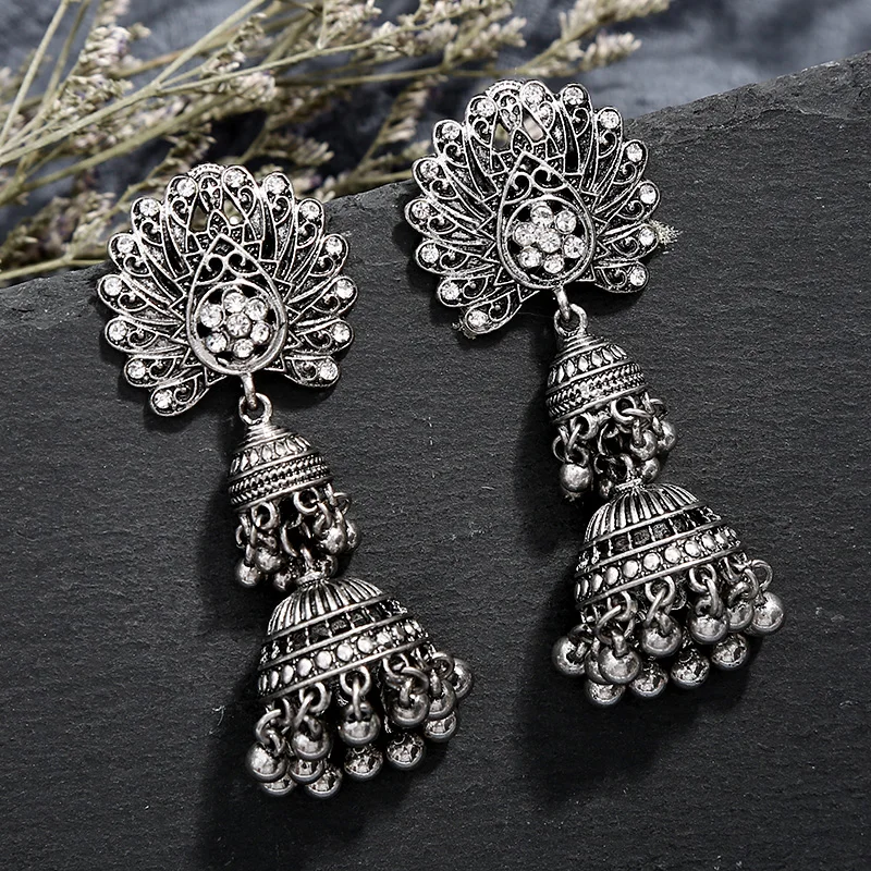 Модные серьги в индийском стиле для женщин окисленные Jhumka серебряный цвет