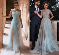 sparkly arabic dubai prom dresses 2021 bling bling sequin tulle ice blue one shoulder sexy slit formal evening party gowns