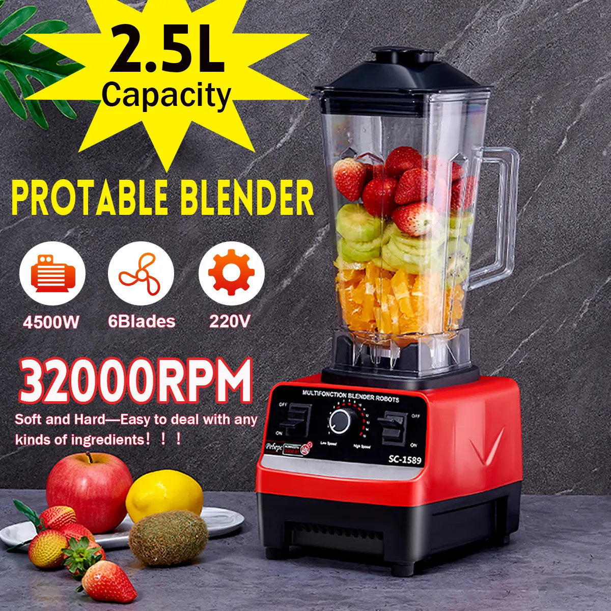 

2.5L BPA Free Professional Heavy Duty Commercial Timer Blender Mixer Juicer Food Processor Ice Smoothies Crusher Kitchen 4500W