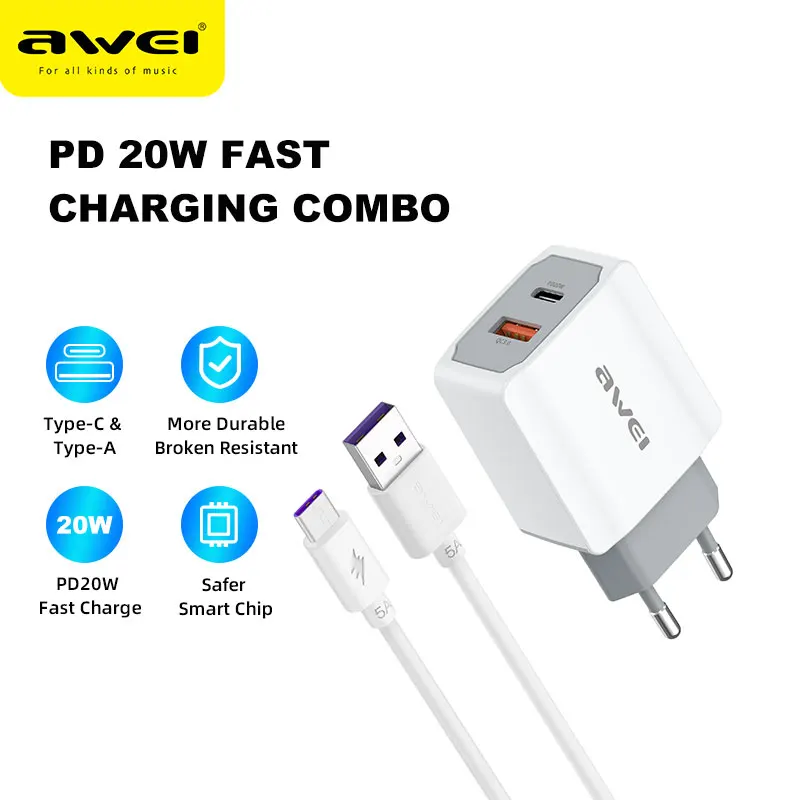 

AWEI 20W PD Phone Charger Type-C QC3.0 Fast Charger Plug with 5A Quick Phone Cable Type c Quick Charge Dual Ports Adapter PD4