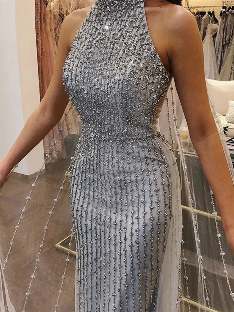 Major Beading Prom Dresses Sexy Sleeveless High Neck Sequins Sheer Back Mermaid Evening Dress Long Celebrity Dresses Party Gown