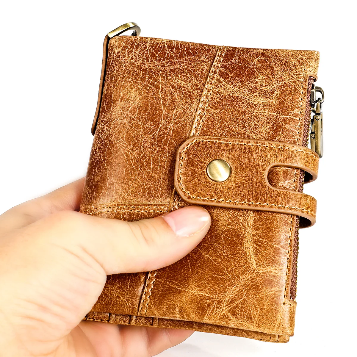 Men's Short Wallet With Anti-theft Chain Retro Genuine Leather Cowhide Crazy Horse Money Card Coin Purse Holder For Man