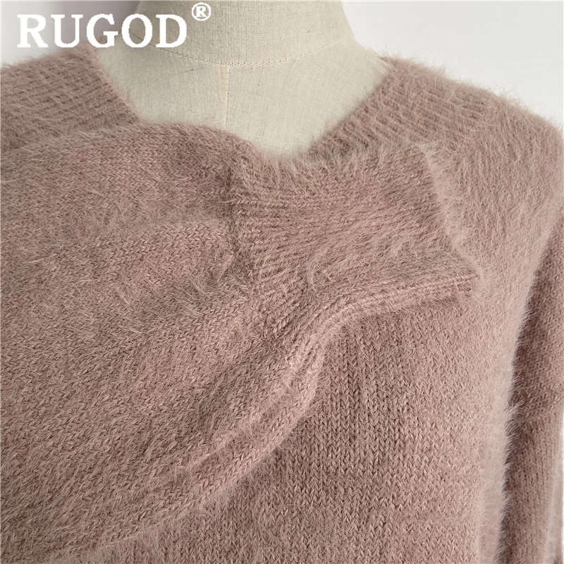 RUGOD Women Mink Cashmere Elegant Charming Soft Knitted Sweater V-Neck Lantern Sleeve Office Lady Loose Solid Female | Женская одежда