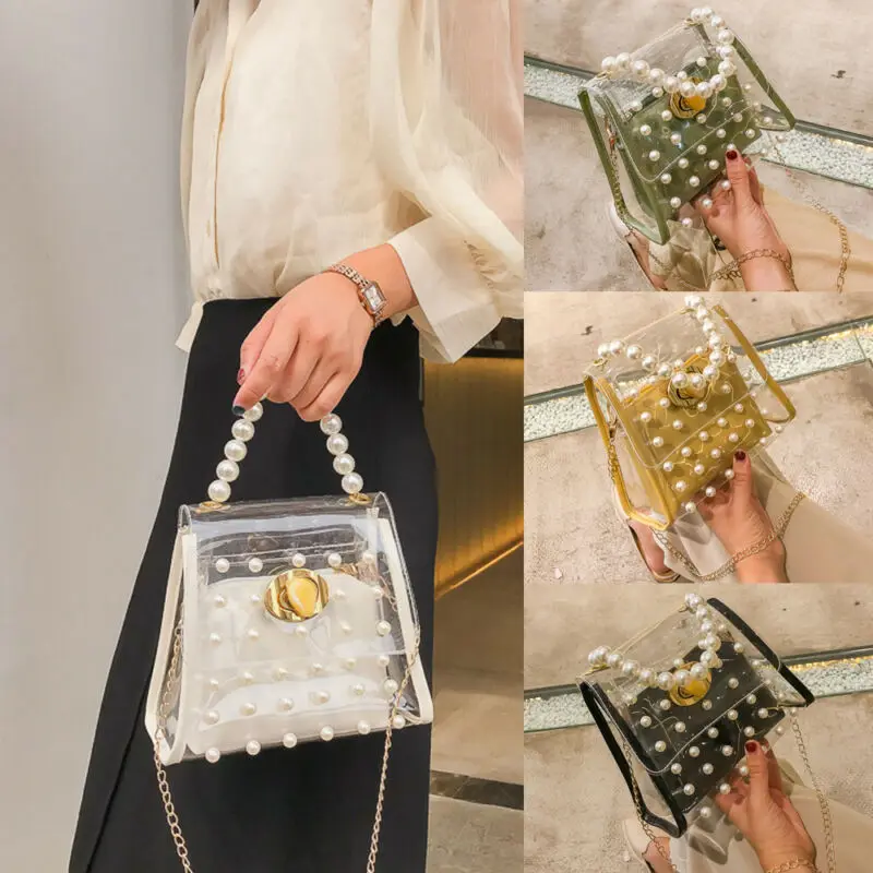 

Women Ladies Shoulder Bag Transparent Pearl Jelly Bag Tote Casual Messenger Bags