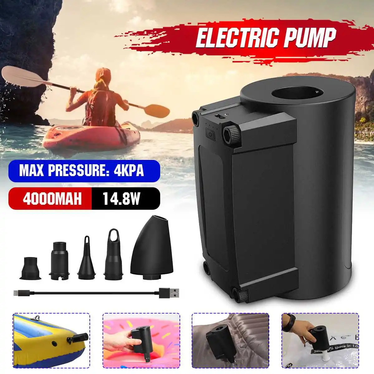 

Electric Air Pump Vacuum Cleaner for Boat Mattress Yoga Ball Swim Pool Floats Toys Pumps 4000mAh USB Rechargeable 5 Nozzles