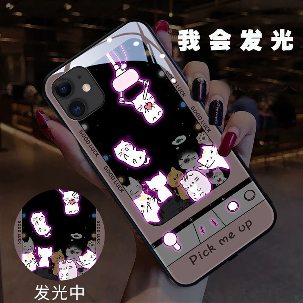

Cute Tempered Glass Luminous Funda For iPhone 11 12 Pro Max 7 8 Plus X XR XS Max SE 2020 12 Mini Case Call Light Couple Cover