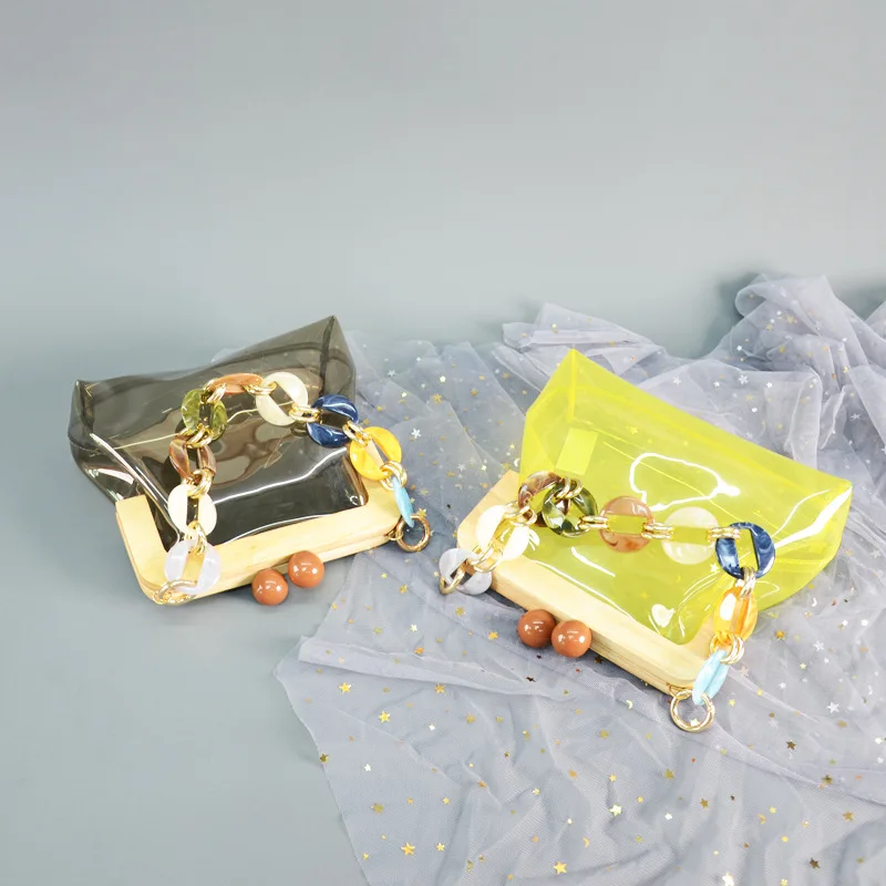 Прозрачная Желейная сумка на цепочке Сумочка плечо с деревянным зажимом Женский