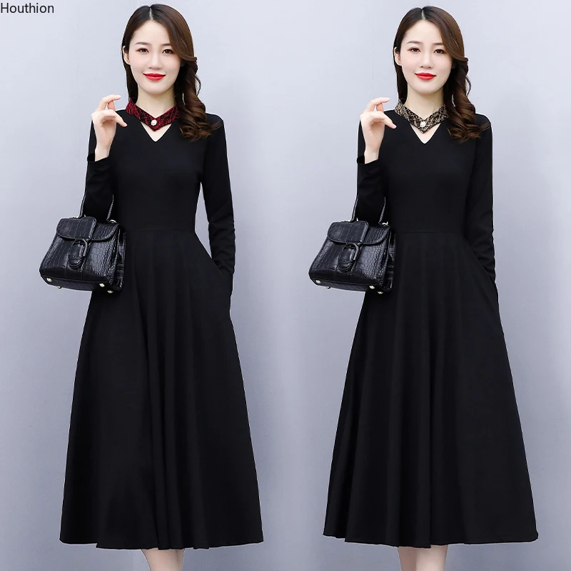 

Autumn New Women's Dresses V-neck Dress Type A Girl Long Sleeve Solid Color Splicing Casual Fashion Loose