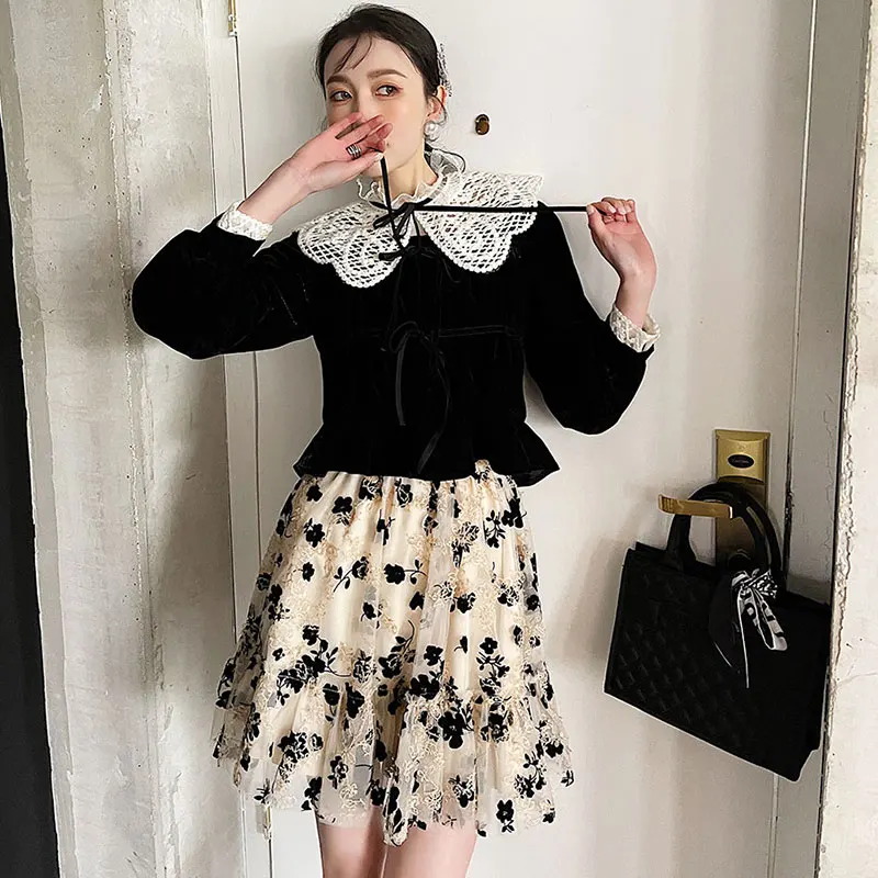 

High Waist Mesh Skirt Printed Flower Fashion 2021 Spring Summer Skirts Temperament Embroidery Female Short Skirt C544