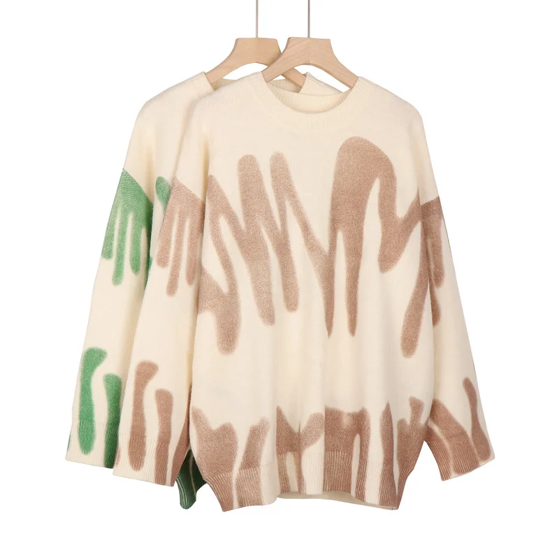 

Women's green printed knitted sweaters, vintage green striped sweaters, large sweaters, street clothes, loose woolen clothes