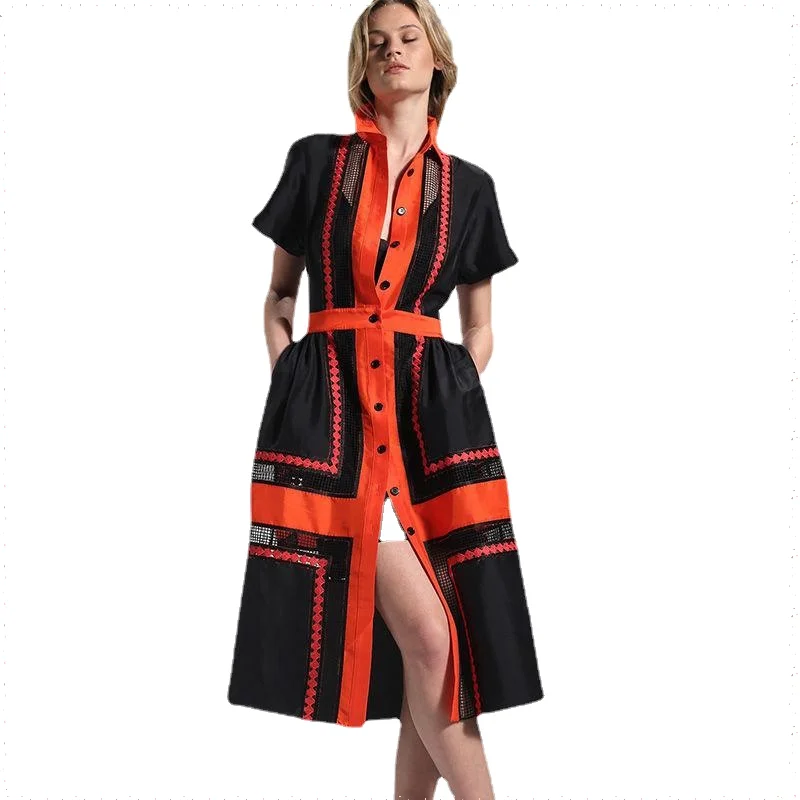 

Женское лоскутное однобортное платье-рубашка, летнее женское платье 2021, ажурные платья с коротким рукавом для женщин, винтажные элегантные ...