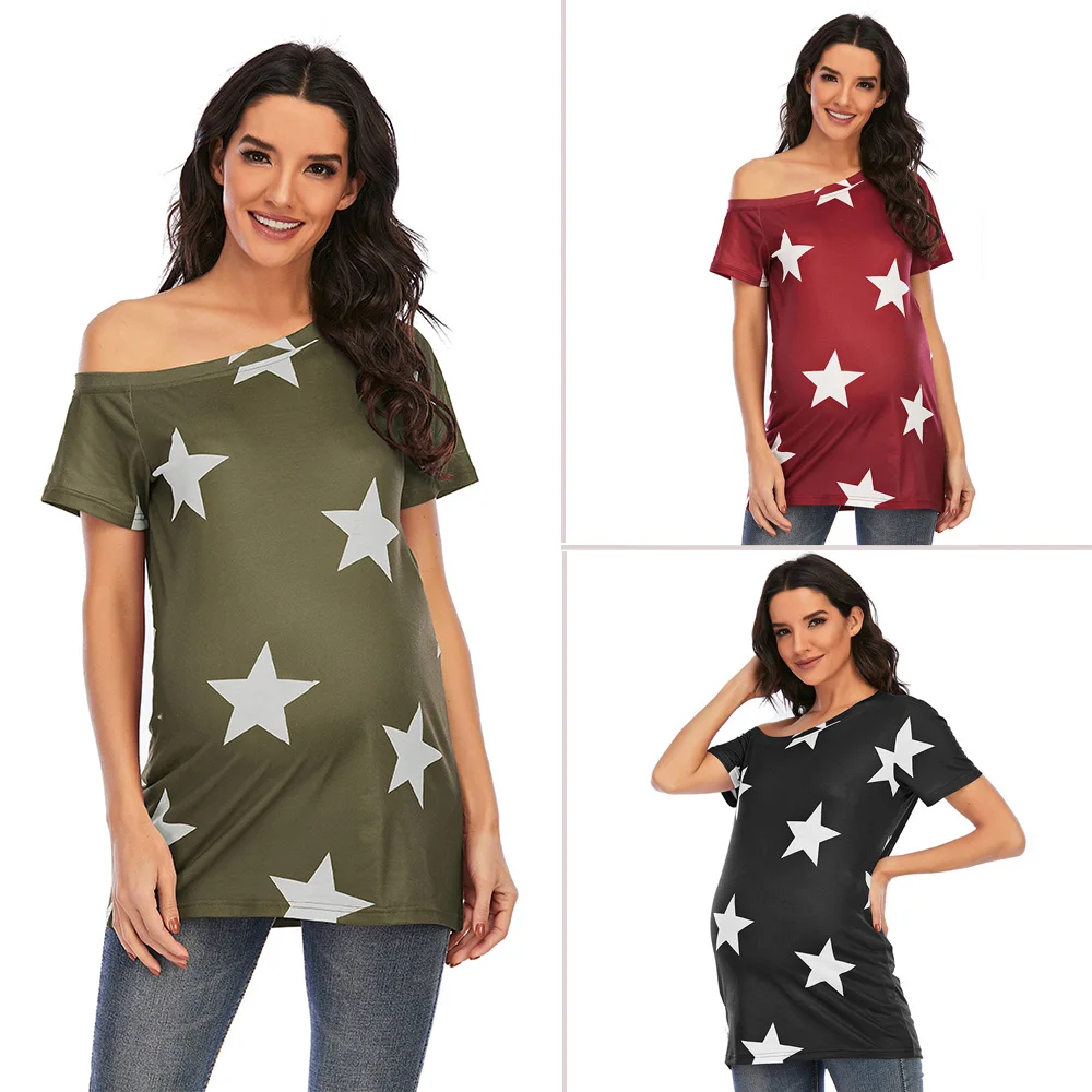 Womens Five-pointed Star Maternity Short Sleeve Side Top Off Shoulder Pregnancy Shirt Pregnant Clothes Premama Casual Tops Tee