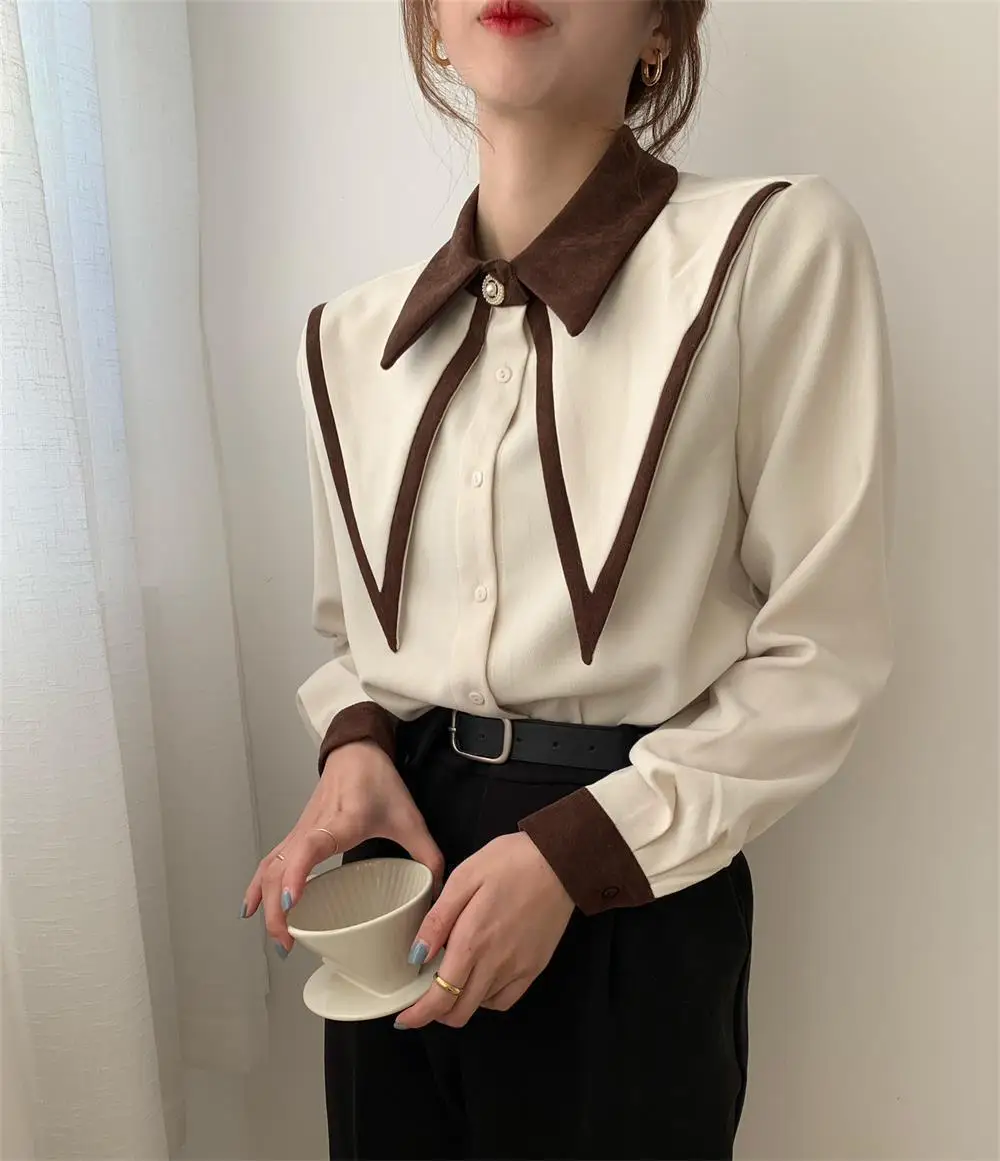 

Korean Blouses for Women 2021 Turn-down Collar Vintage Long Sleeve Shirts Tops Fashion Patchwork Woman Clothes Blusas