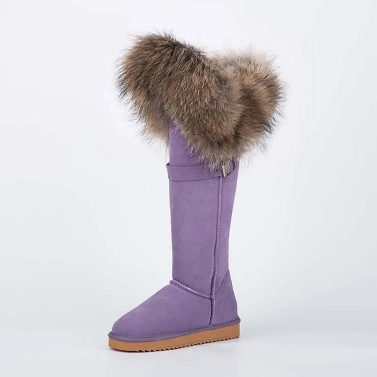 ; модные высокие зимние сапоги; botas mujer; женская зимняя обувь из натуральной кожи с натуральным лисьим мехом; - Цвет: PURPLE