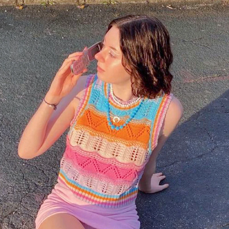 Dourbesty Женский вязаный крючком свитер жилет полосатые цветные майки без рукавов