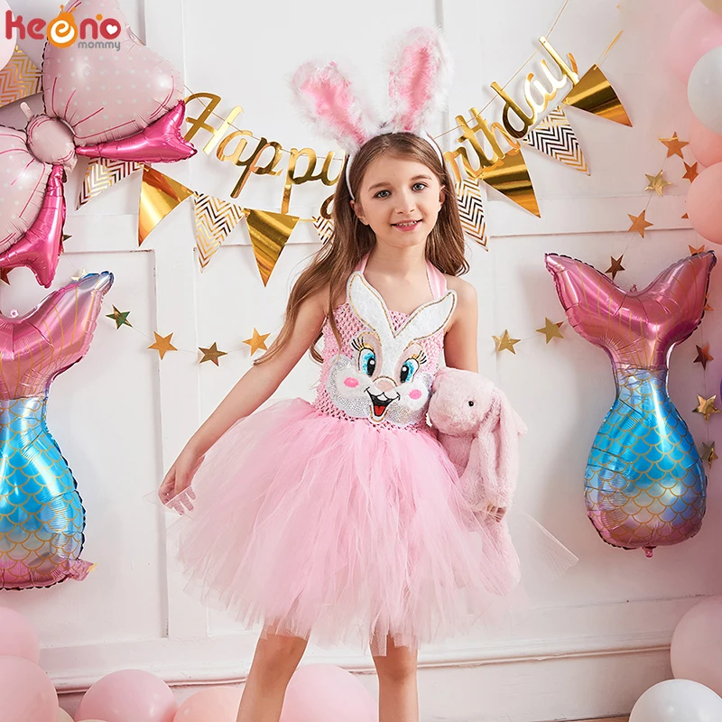 

Pale Pink Bunny Rabbit Fluffy Tutu Dress with Ears Headband Girls Birthday Party Easter Holiday Costume Kids Halloween Outfit