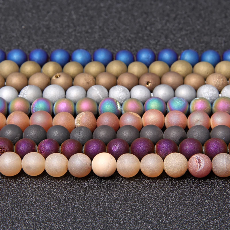 

10 Color Round Matte Metallic Coated Druzy Agates Natural Stone Loose Beads for Jewelry Making DIY Necklace Bracelet Stand 15.5"