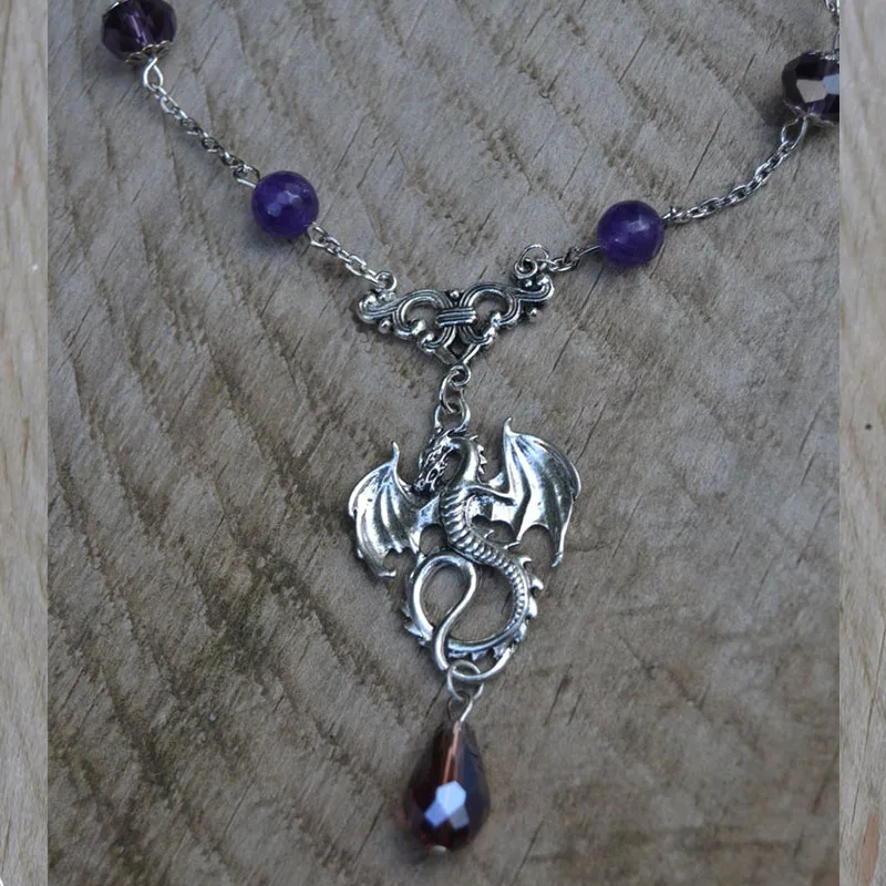 Массивное ожерелье с драконом Серебряный Фиолетовый Кристалл готическое