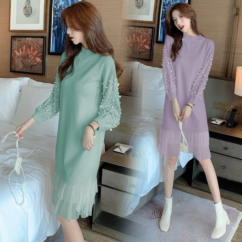 COIGARSAM Casual Full Sleeve Women one-piece dress korean New Knitting Mesh Dresses Pink Black Light Green Deep Purple Apricot T | Женская