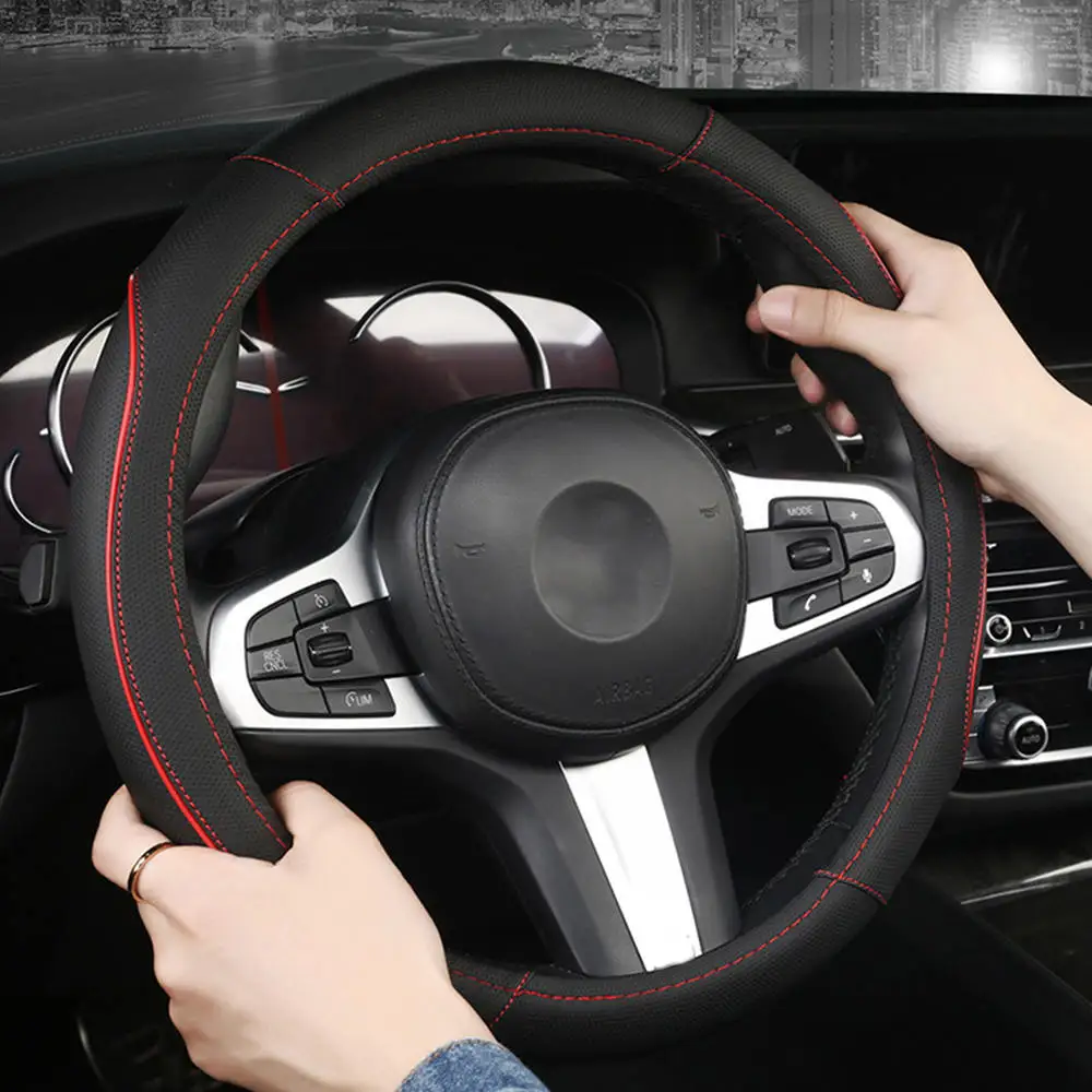 

1Pc Universal Auto Safety-Protector Steering-Wheel-Cover Non-slip Leather 38cm Universal Fit Black Red