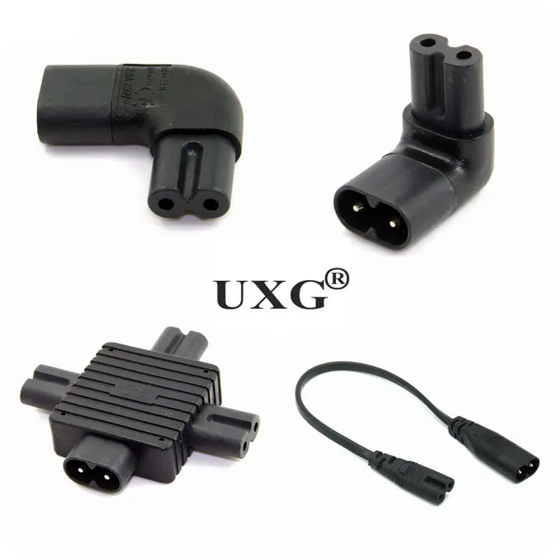 

1Pc IEC 320 2-Pin C7 3 X Female To C8 Male Right Up Down Angled AC extension cord Power Cable Adapter Converter