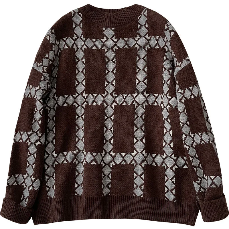 

Winter Women O-Neck Pullovers Plaid Sweaters Long Sleeve Red Coffee Loose Casual All Match Tops OL Lady One Size Clothing 2021