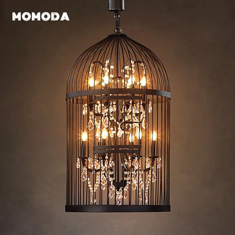 

Retro Birdcage LED Chandeliers Modern Rustic Black Metal Candle Clear K9 Crystal Lights Bedroom Living Room Farmhouse Lamps Deco