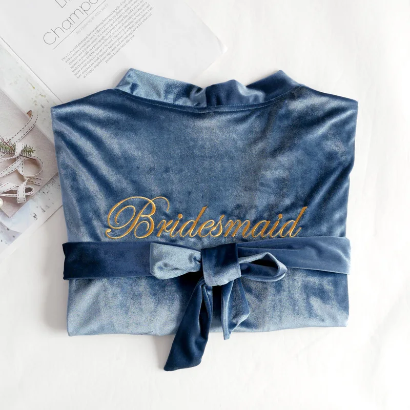 

Women Kimono Gown Velour Bride Embroidery Letter Bridesmaid Wedding Robe Bathrobe Sleepwear Autumn Winter New Velvet Nightgown