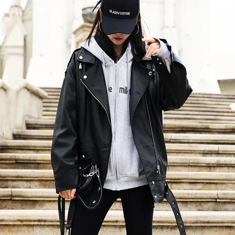Black Leather Coat Women Mid-length Streetwear Fashion Faux PU Leather Motorcycle Biker Jacket Korean Loose S-3XL Oversize Coats enlarge