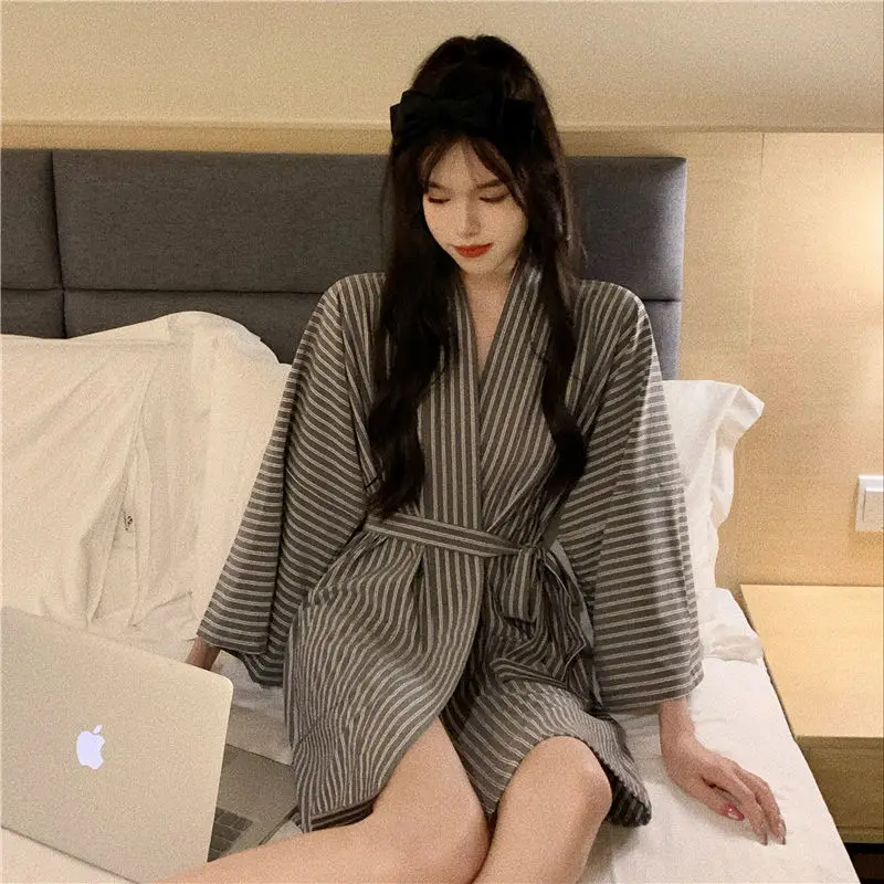 QWEEK Striped Robe Japanese Style Women's Nightwear Autumn Kimono Brief Dressing Gown Long Sleeve Bathrobe Female Sleepwear