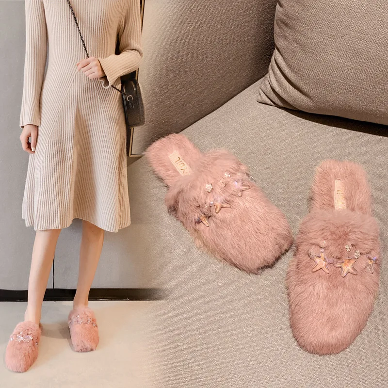 Fahion Real Rabbit Fur Winter Slippers For Women Plush Fur Soft Warm Outdoor  Non-Slip Cartoon Cotton Home Slippers Sale