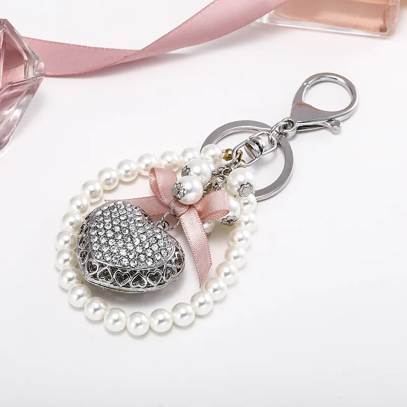

New Lovely A Pearl Chain Two-Heart Key Chains Pendant Fashion Gift Keychain Handbag Decorations Key Ring