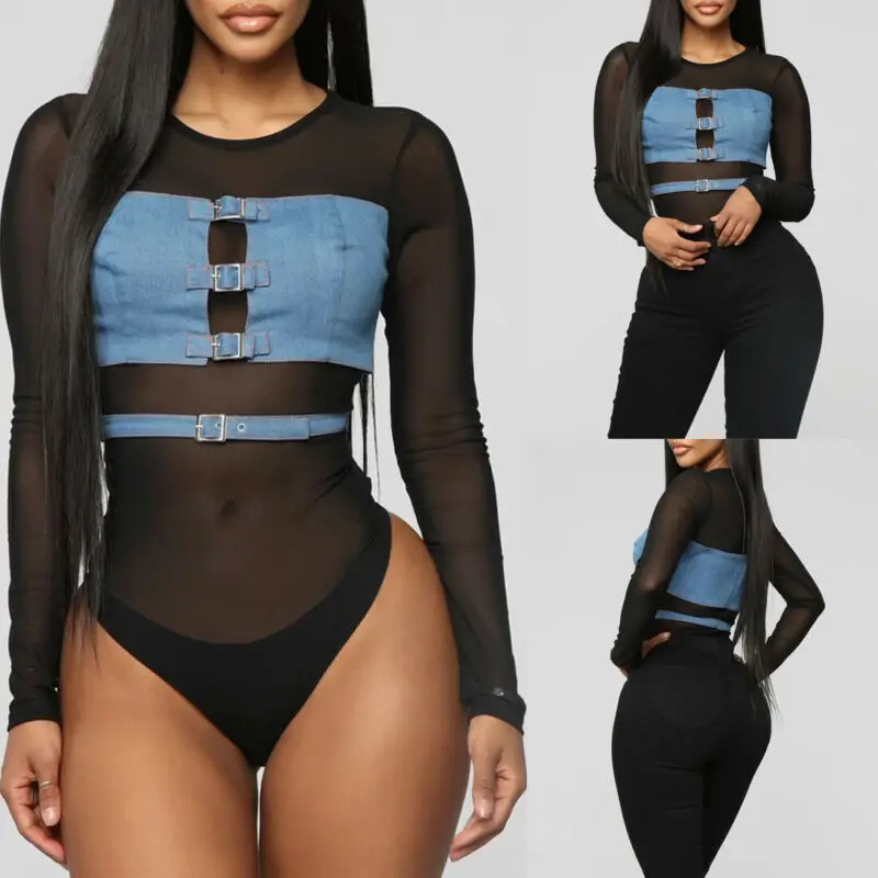 

Hot Women Stretch Leotard Denim Bodysuit Shirt Long Sleeve Patchwork Bodycon Tops Jumpsuit Romper
