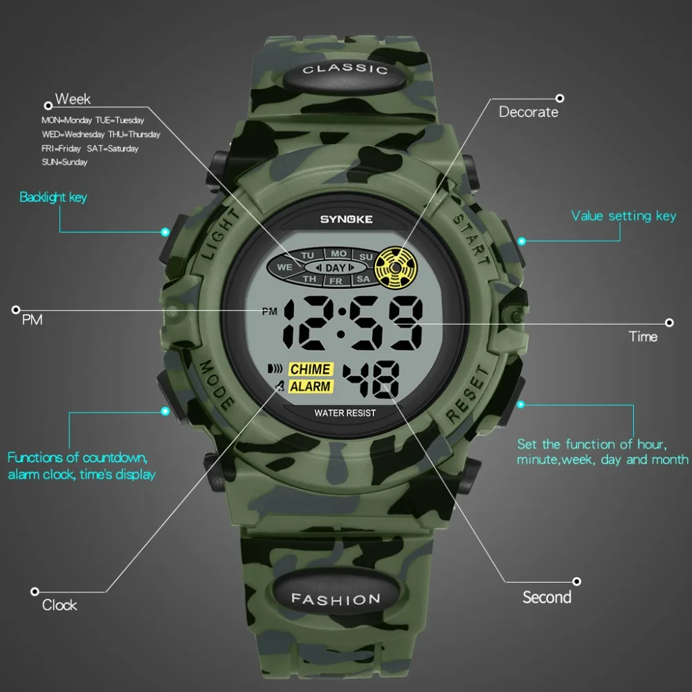 SYNOKE Sports Military Kids Digital Watches Student Children's Watch Fashion Luminous Led Alarm Camouflage Green Boy Clock