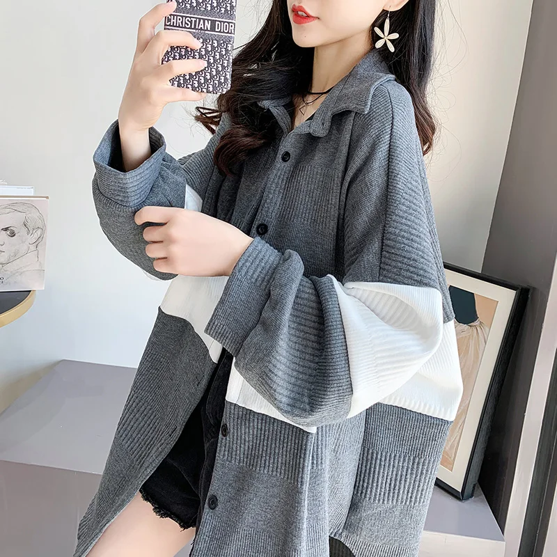 

VANOVICH 2022 Autumn/winter New Korean Style Turn-down Collar Cardigan Middle Length Fashion Casual Knitting Coat Women Coat