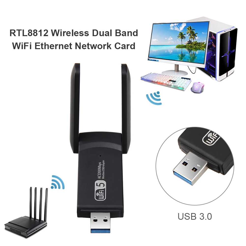 

Network Card Wireless Dual Band 2.4G 5.8G WiFi Ethernet Adapter 1200Mbps with Dual Antenna USB3.0 Receiver for PC Computer