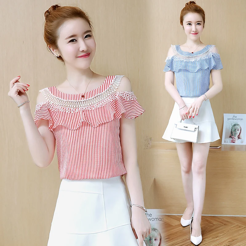 Повседневное блузки с рюшами Топы Новый выдалбливают открытыми плечами