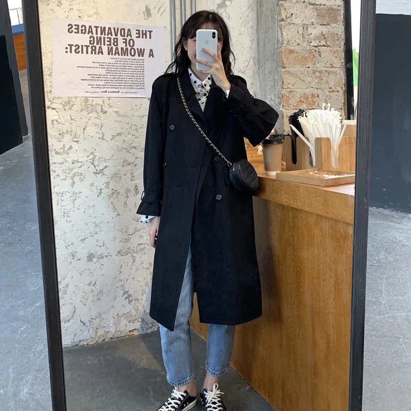 

Тренчкот женский длинный двубортный, ветровка в Корейском стиле, офисное пальто с карманами, верхняя одежда на осень