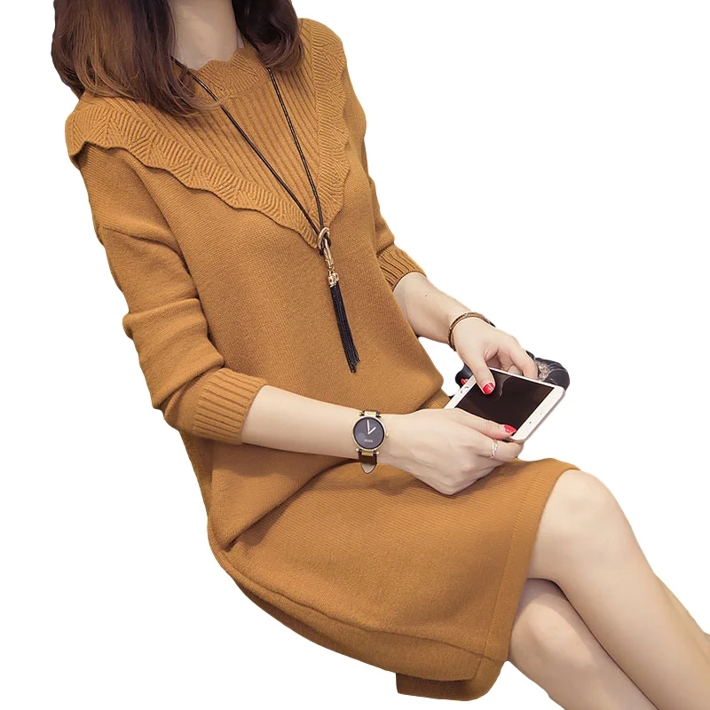 

Plus Size Loose Fashion knit Pullover Dress Women Ruffles Casual Dress Sweater Long Sleeve 2021 New Autumn Winter Clothing