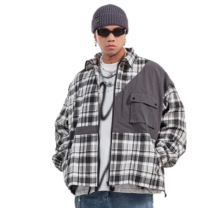 

Vivgae fashion men's 21ss Guochao men's and women's stitching chain decorative Plaid collar jacket