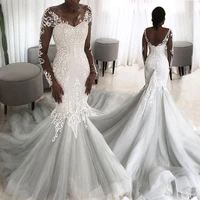 african lace robe de soiree illusion back mermaid wedding dress fashion princess long tail wedding gowns with sleeves